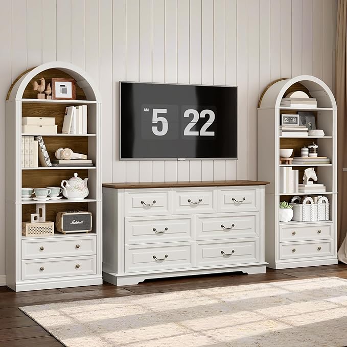 RALGEND Farmhouse Arched Bookshelf Set of 2, 7 Tiers Arch Bookcase with 2 Spacious Drawers, Modern Book Shelf with Open Display Shelves and Storage Cabinet, for Office, Living Room, Walnut and White