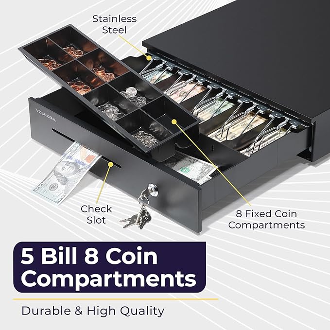 Volcora Manual Push Open Cash Register Drawer with Under Counter Mounting Metal Bracket - 16" Black Front Touch Panel Cash Drawer for POS, Partial Removable 5 Bill 8 Coin Tray, Key-Lock