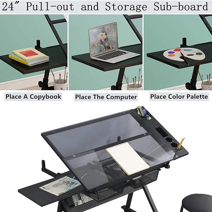 Glass Drafting Table and Stool Sets, Adjustable Height Drawing Table Art Craft Artist Desk Tilting Glass Tabletop with 2 Storage Drawers for Home Office (Black)