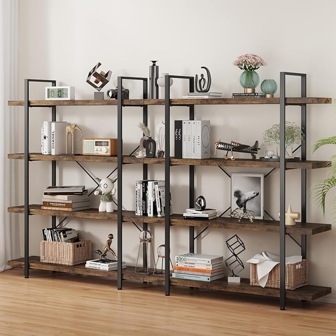 OtterOasis Bookshelf Set, Heavy Duty 4-Tier Industrial Bookcase, 47" Wide Wood Bookshelf for Home Office, 120lbs Shelf Capacity, Rustic Open Display with Horizontal Shelf for Living Room Bedroom
