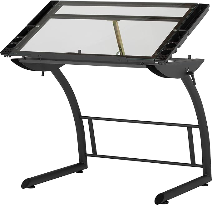 SD Studio Designs Triflex Drawing Table, Sit to Stand Up Adjustable Office Home Computer Desk, 35.25" W X 23.5" D, Charcoal Black/Clear Glass