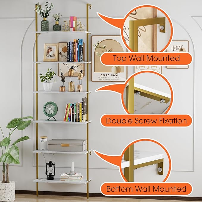 Wolawu Ladder Shelf 6 Tiers Marble White Modern Bookshelf Open Tall Wall Mount Bookcase Standing Leaning Wall Shelves Industrial Decorative Living Room Bed Room