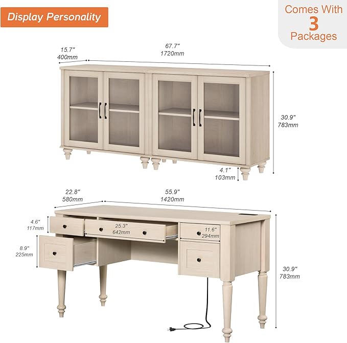 WAMPAT Home Office Furniture Set, 56'' Executive Desk with Charging Station, 2-in-1 Cabinet with Glass Doors, Wood Computer Desk with File Cabinet Storage, Open Shelf, Beige