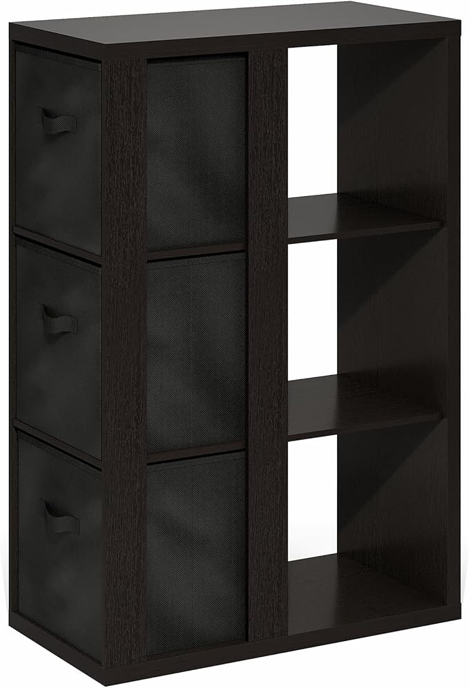 Furinno Viola Book Shelf, 3-Tier Bookshelf, Cube Storage Organizer Bookcase with Open Shelf, with Storage Bins, 13.6 x 29.3 x 43.8, for Living Room, Bedroom, Home Office, Dark Oak/Black