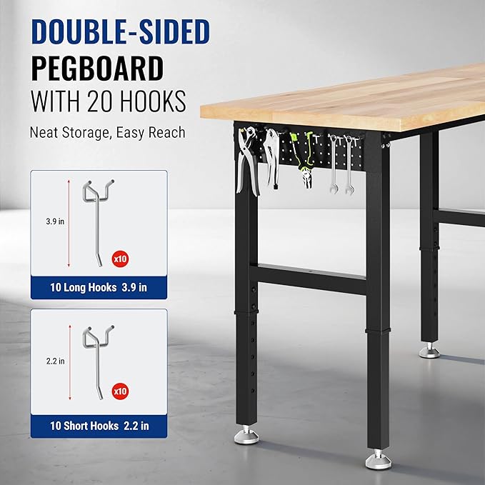 WORKPRO 96x24" Heavy-Duty Adjustable Workbench, 4000LBS Load Capacity Work Table with Power Outlet & Pegboard, Rubber Wood Top Workstation with Leveling Foot for Garage, Workshop