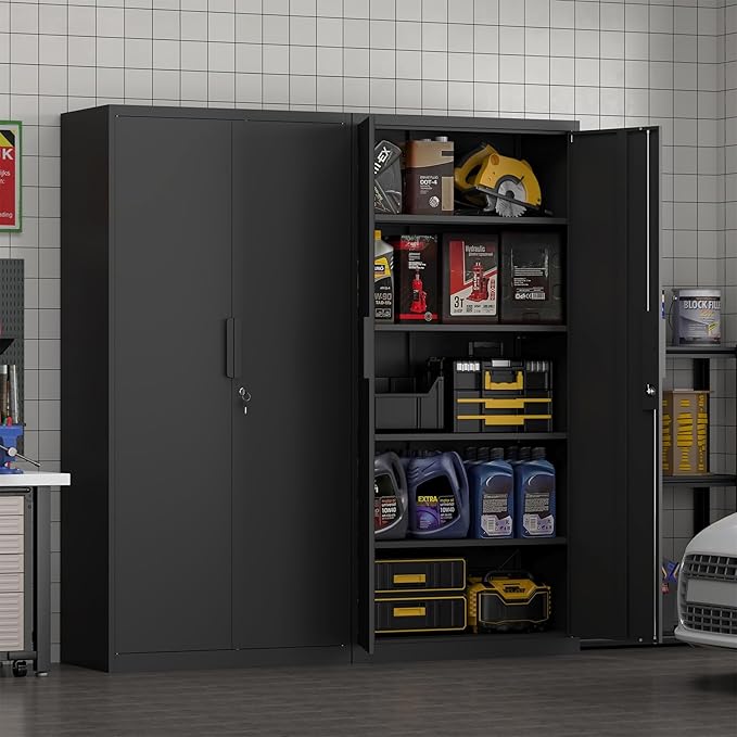 72''H Tall Metal Garage Storage Cabinet with Lock, 18'' Deep Metal Storage Cabinets with Doors and 4 Adjustable Shelves, Heavy Duty Steel Locker for Garage, Warehouse, Home Office, Black
