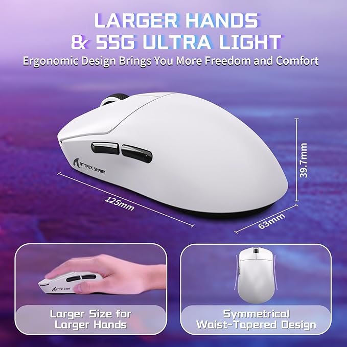 ATTACK SHARK X8SE Wireless Gaming Mouse,Adjustable 25K DPI PAW3311 Optical Sensor,Ergonomic 59g Lightweight,Triple Modes 2.4G/BT/USB-C Wired,500mAH Battery,5 Programmable Buttons for PC/Mac-White