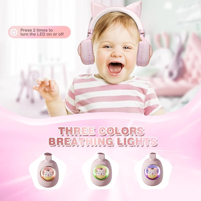 Xmenha Pink Cat Ear Headphones for Kids, Cute Children Girl Wireless Bluetooth Headphones for School, Kindergarten Light up Kawaii Kitty Noise Cancelling Headphones for Kids Teens Child Airplane
