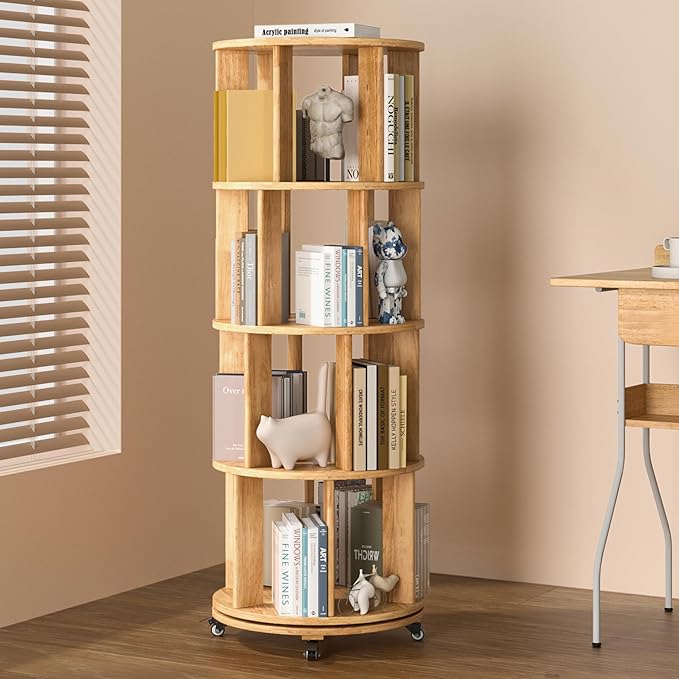 IUNVR Rotating Bookshelf, 4 Tier Solid Wood Bookshelf Tower with Lockable Wheels, 360° Spinning Revolving Bookcase for Small Spaces, Corners, Bedroom, Kids Room, Home Office, Natural