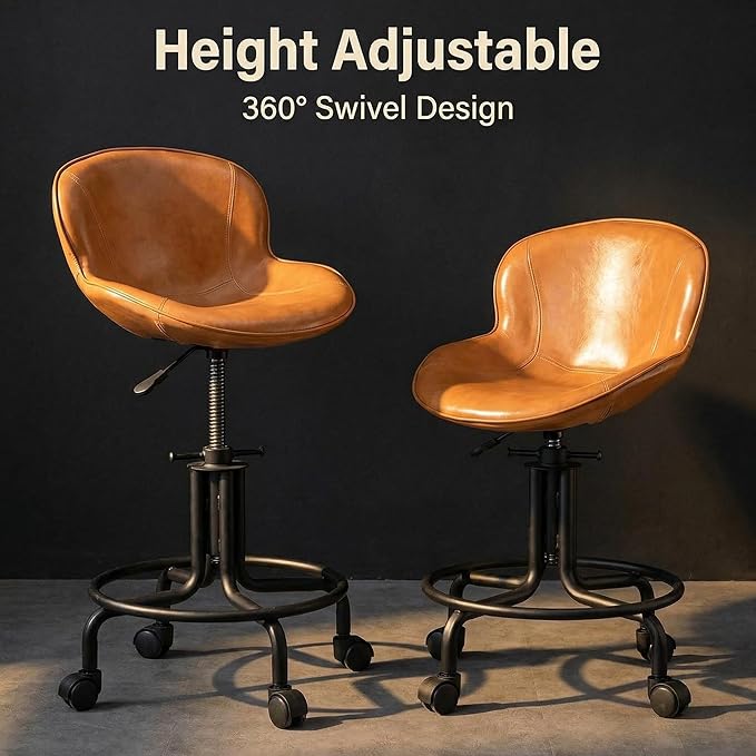 Topower Antique Industrial Design Metal Adjustable Height Kitchen Dining Breakfast Chair Industrial Style Bar Stool with Wheels, Fully Welded, Cinnamon PU Leather Seat