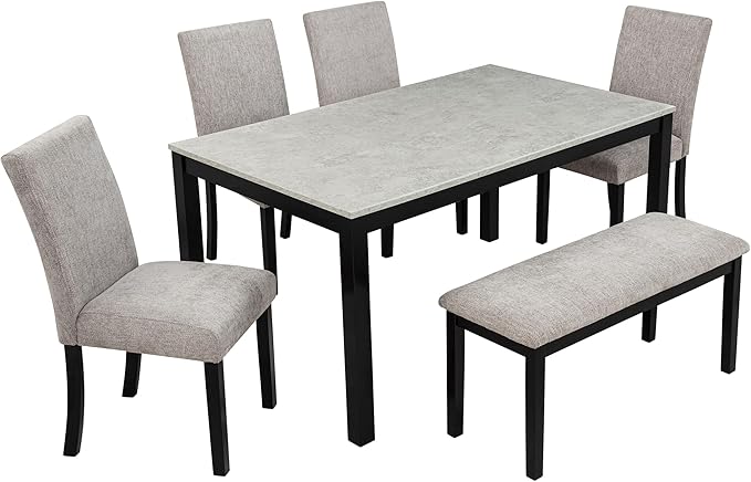 6-Piece Dining Table Set with Bench Solid Wood Kitchen Table with Concrete-Effect Tabletop and 4 Upholstered Chairs Comfortable Seating for Kitchen Restaurant Grey and Black
