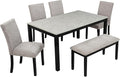 6-Piece Dining Table Set with Bench Solid Wood Kitchen Table with Concrete-Effect Tabletop and 4 Upholstered Chairs Comfortable Seating for Kitchen Restaurant Grey and Black