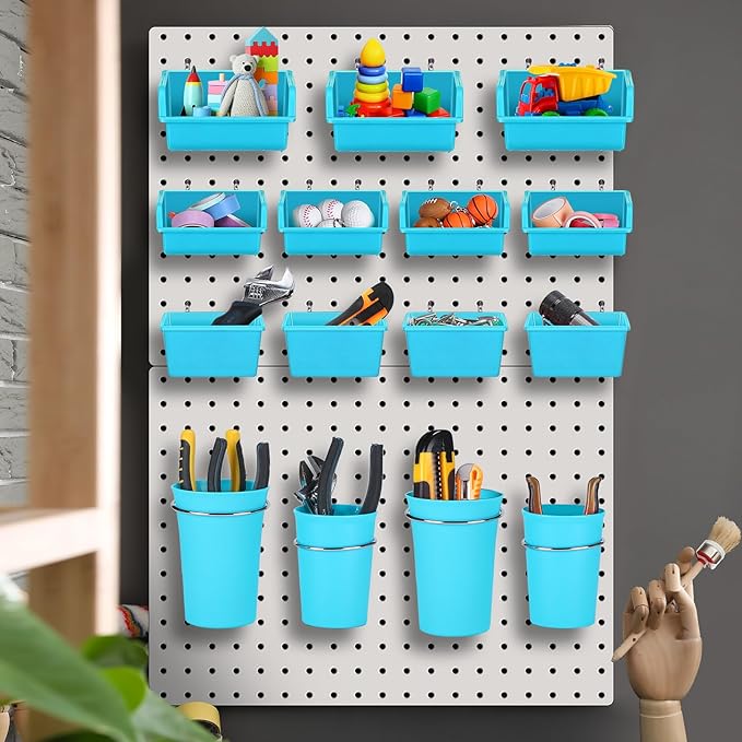 Roowest 60 Pcs Pegboard Cups Pegboard Bins Set, Wall Organizer with Hooks and Loops, Hooks Assortment Organizer Accessory for Office Storage Garage Craft Workshop(Blue)