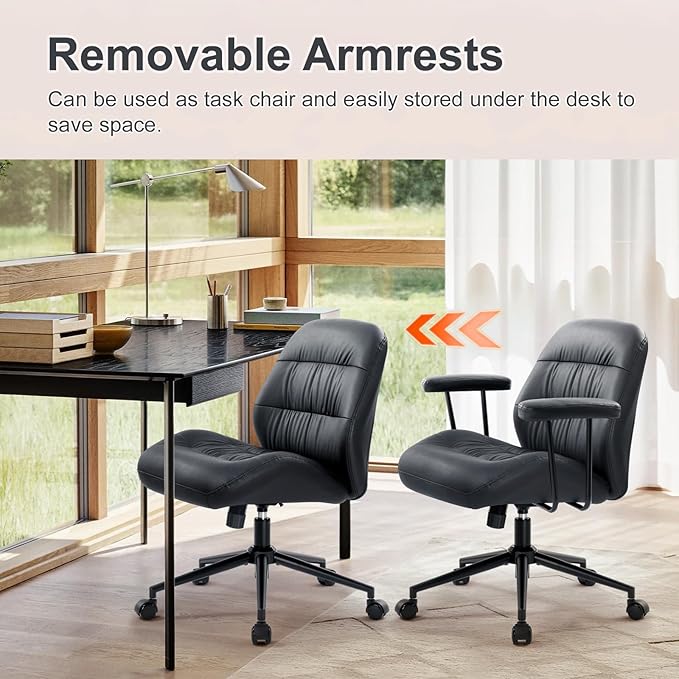 IWMH Home Office Chair, PU Leather Office Chair with Removable Armrests, Mid-Century Modern Desk Chair with Lumbar Support，Ergonomic Executive Task Chairs, Height Adjustable(Black)