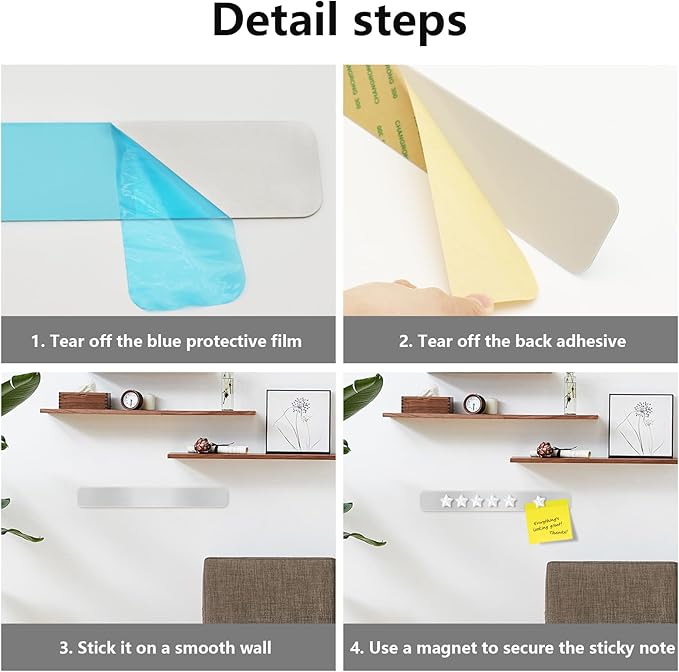 Magnetic Board, Frameless Stainless Iron Magnetic Strips with Adhesive Backing, 6-Pack Magnet Bulletin Board Bar, Memo Board with 10 White Star Magnets for Wall, Office, School, Home, Photos