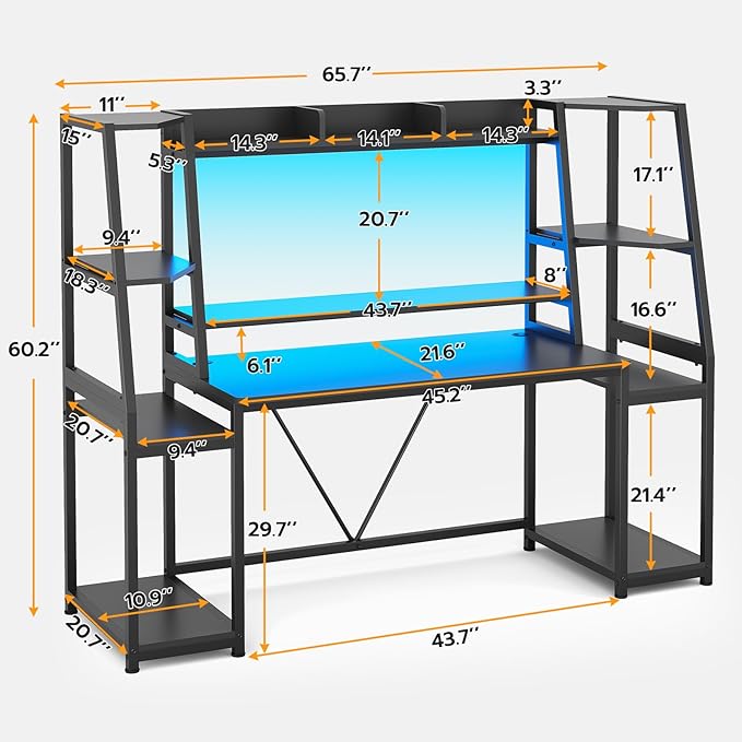 SEDETA Gaming Desk 65.7'' with LED Lights, Hutch and Storage Shelves, Computer Desk with Monitor Stand, Large PC Gamer Desk Workstation, Ergonomic Gaming Table for Bedroom, Living Room, Black