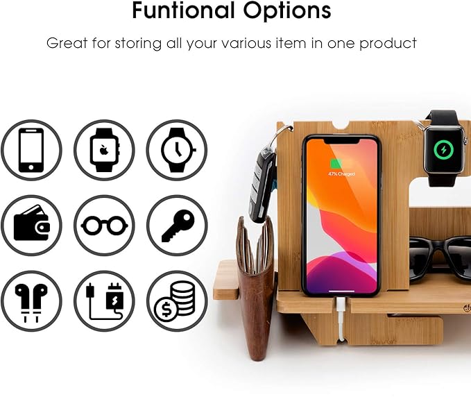 JackCubeDesign Wood Docking Station Nightstand Organizer Key Holder Wallet Stand Watch Gift Anniversary for Men Dad Father Birthday Graduation Gadgets Compatible with iPhone iWatch AirPods - MK242A