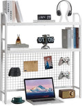 Desktop Hutch Shelf Organizer, 2-Tier Metal & MDF Desk Bookshelf with Grid Panel and Hooks for Office & Dorm (White, 36.8")