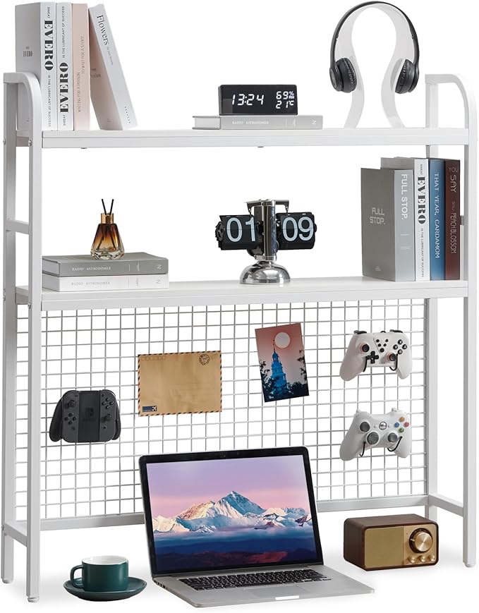 Desktop Hutch Shelf Organizer, 2-Tier Metal & MDF Desk Bookshelf with Grid Panel and Hooks for Office & Dorm (White, 36.8")