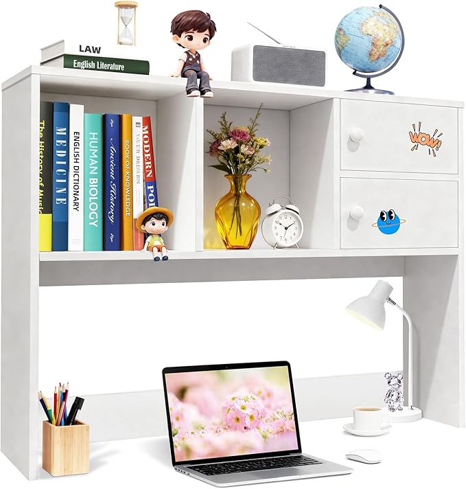 YGYQZ White Wood Desk Hutch, 176LB Strong Bearing Capacity, Freestanding Desktop Organizer with Storage Shelf, Space Saving Shelf for Home Office, Study Room, Dorm, Gaming Desk