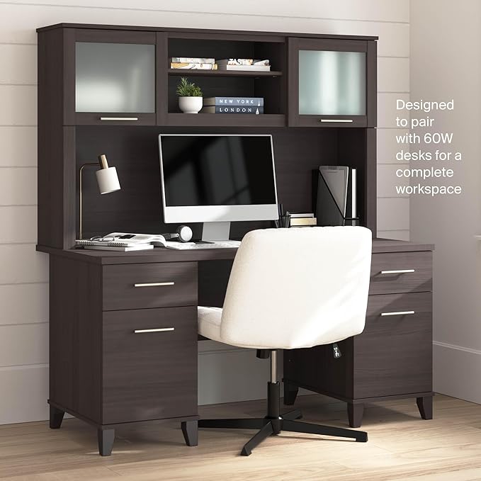 Bush Home 60-Inch Desk Hutch, Office Storage Organizer with Shelves, Cubbies and Frosted Glass Doors for Computer Desk, Home Office Furniture, Somerset Collection, Storm Gray