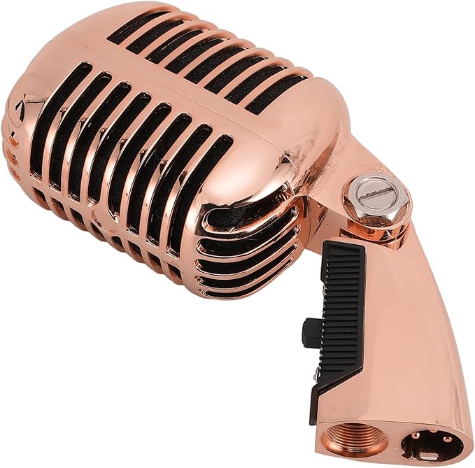 Classic Retro Microphone, Vintage Dynamic Microphone, Zinc Alloy Self Tensioning Rotating Rack, Unidirectional Cardioid Mic, Universal Stand Compatible (Rose Gold)