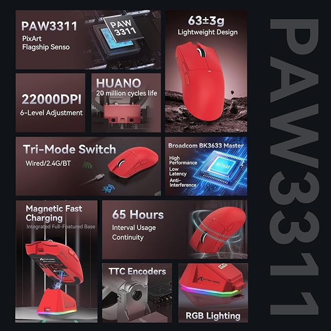 ATTACK SHARK X11 Ultra-Light Triple Mode Gaming Mouse PAW3311 Optical Sensor 22K DPI 5 programmable Buttons with Magnetic Charging Stand for PC/Mac Red