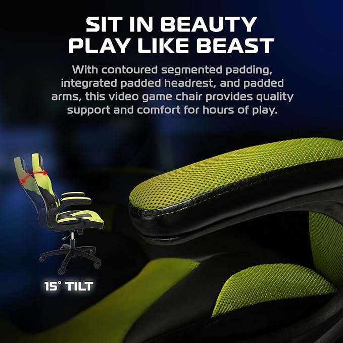 RESPAWN 3085 Ergonomic Gaming Chair for Adults, High Back Office Chair with Headrest and Flip Up Arms, Leather Racing Style Gaming Seat with Lumbar Support, Video Game Computer Desk Seat - Green