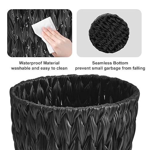 Coeusy Wicker Trash Can,Small Trash Can,Handwoven Waterproof Wicker Trash Basket,Round Garbage Can,Compact Waste Basket for Bathroom,Bedroom,Office,2 Gallon Black