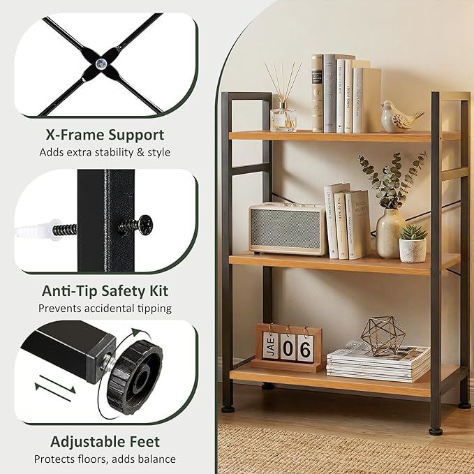 3 Tier Bookshelf, Free Standing Wooden Bookcase with Open Storage Shelves with Metal Frame, Sturdy Shelf Organization Display Rack for Living Room, Bedroom, Home Office, 27.6" Tall, Wood