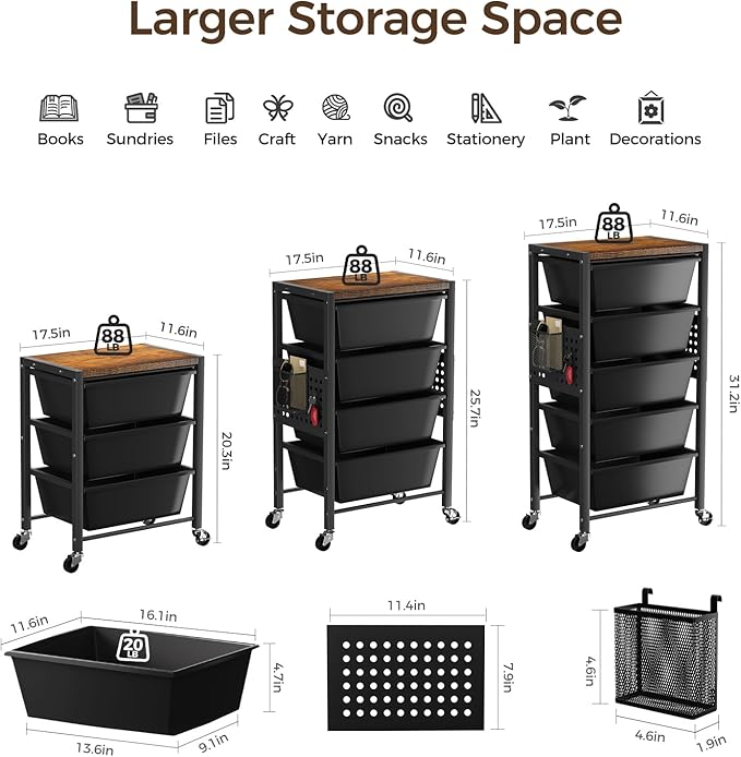 Rolling Cart with 5 Drawers, Plastic Drawer Storage Carts with Wheels & Wooden Tabletop, Metal Utility Cart with Pegboards, Office Living Room Classroom Craft Organization and Storage, Dark Black