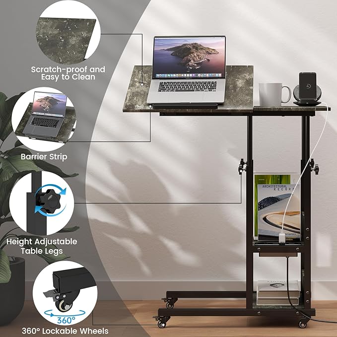 Hadulcet Adjustable C Table with Charging Station, Tiltable Desk C Shaped End Table for Couch, Over Bed Table with Wheels Adjustable Height, Laptop Stand Drawing Desk, Marble Grey