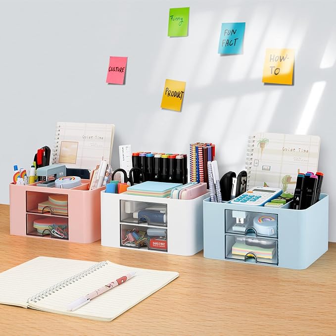 Desk Organizer with 2 Drawer, Plastic Desktop Pen Pencil Card Holder Storage Box for Desk, Office Supplies, Vanity Table Office School Home (Pink)