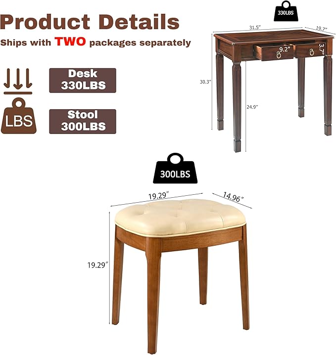 Biaco Small Wood Makeup Vanity Desk Set, Vintage Dressing Vanity Table Set with 2 Drawers & Matching Padded Bench Stool Writing Desk with Button Tufted Cushioned Stool, Cherry&Beige