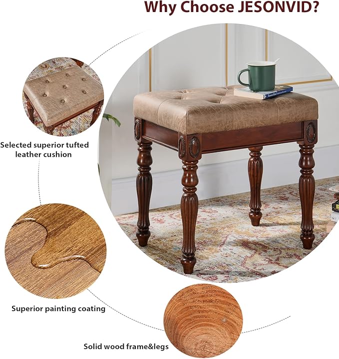 Vintage Wooden Writing Desk Stool Set, Small Secretary Desk and Cushioned Stool Set with 2 Drawers, 39.4" W Wood Writing Table Vanity Makeup Table Sets for Home Office-Cheery&Light Wheat