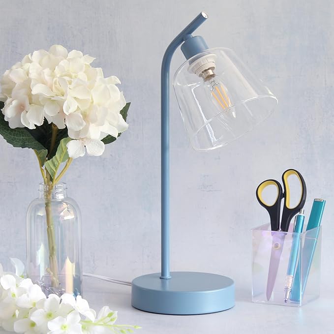 Simple Designs LD1080-BLU 16" Sleek Essentials Modern Industrial Metal Desk Lamp with Clear Glass Shade, for Office, Desk, Nightstand, Dorm, Blue