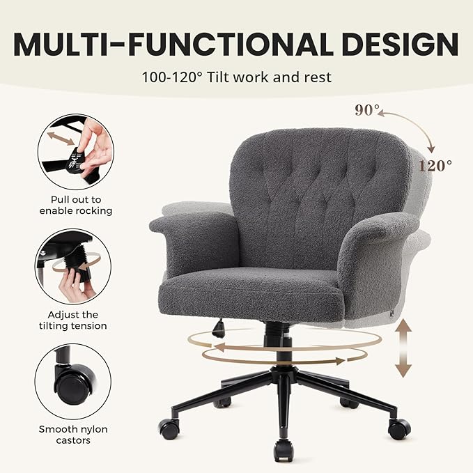 IWMH Home Office Desk Chair, Teddy Fabric Cozy Desk Chair with Wheels and Arms, Modern Upholstered High Back Wide Seat Vanity Chair for Bedroom Living Room Makeup (Dark Grey)