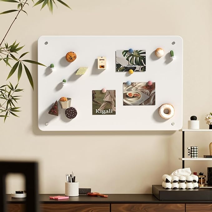 FANXIYQ Magnetic Board for Wall with 4 Expansion Screws & 4 Paste Hooks - Durable Metal Bulletin Board for Home/Office Organization, Display Souvenir Magnets, Photos & Notes,White