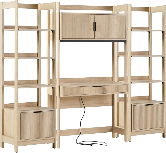 Walker Edison Transitional 3-Piece Hutch Desk with 1 Wide and 1 Narrow Bookcase, Reeded Drawer Fronts, Built-in outlets and USB Ports, Set of 3, Coastal Oak