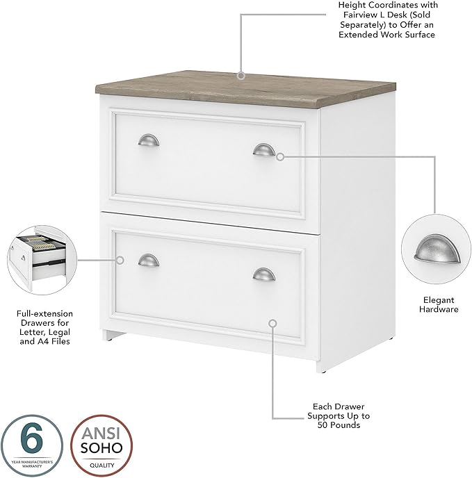 Bush Home Fairview 60W L Shaped Desk with Lateral File Cabinet and 5 Shelf Bookcase in Pure White and Shiplap Gray