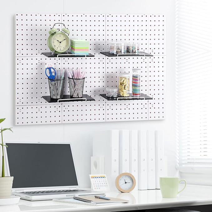 Wonderjune 4 Pcs Wooden Pegboard Shelves with Metal Pegboard Shelf Brackets Peg Board Display Storage Tray Wall Organizer Peg Board Accessories for Craft Room Home Kitchen(Black,9.84 x 5 Inch)