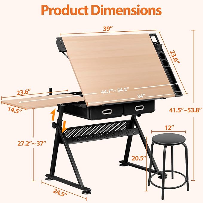 SUPER DEAL Drafting Table Set with Charging Station, Tilting Tabletop Adjustable Height Art Desk Multifunctional Craft Workstation with Stool, 2 Storage Drawers for Home Office School, Natural
