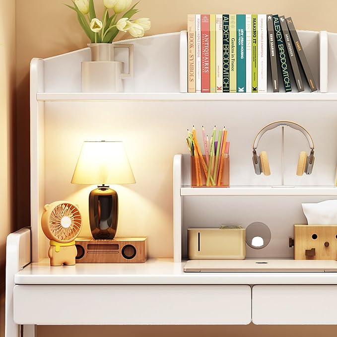 Kids Desk Rubber Wood Kids Table Children’s Study Desk with Bookshelf and Two Drawers Children Study Computer Writing Workstation for 3 and Above (White