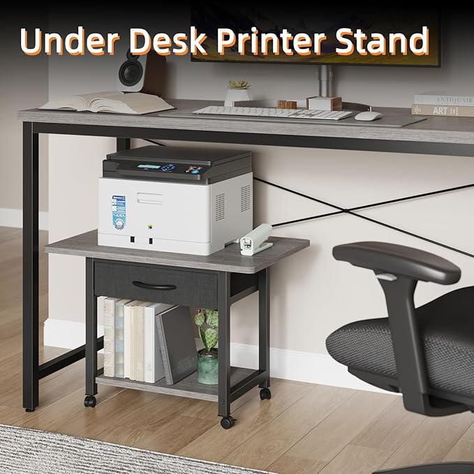 YAOHUOO 22"x15" Large Printer Stand with Storage Drawer, 2-Tier Under Desk Printer Table for Home Office, Printer Cart fit Fax Machine/3D Printer/Scanner(Gray)
