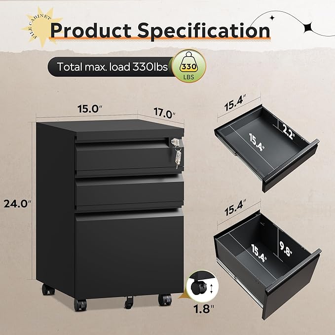 DEVAISE 3 Drawer File Cabinet, Metal Filing Cabinet with Lock, Under Desk Cabinet with Wheels for Home Office, Fits Legal/A4/Letter Size, Required Assembly, Black