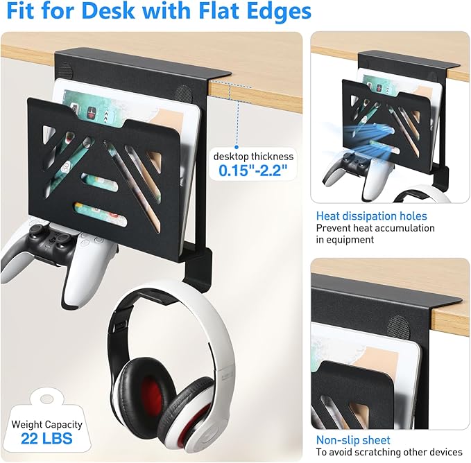 MAXECHO Desk Side Storage, Under Desk Laptop Mount, Table Side Hanging File Organizer, No Drill Clamp On Cable Management Tray, Laptop Holder with 2 Hooks for Office and Home, Load 22 Lbs