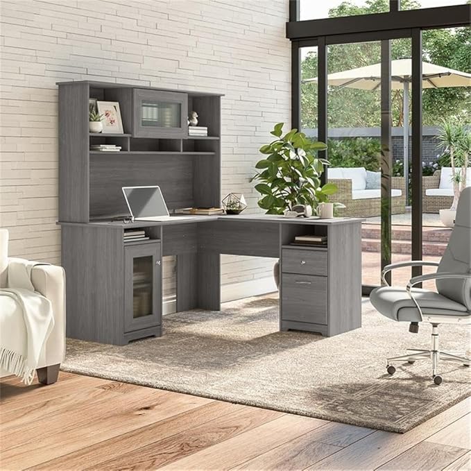 UrbanPro 60W L Shaped Computer Desk with Hutch, Engineered Wood, Modern Gray Finish, Built-In Wire Management, File Drawer, Adjustable Shelf, Fluted Glass Door, Home Office Desk for Storage and