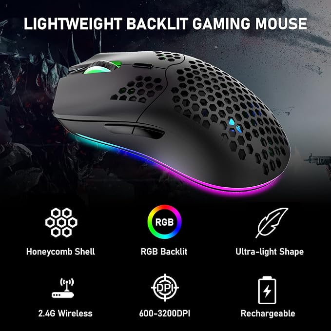 XINMENG Wireless Gaming Mouse Lightweight Honeycomb Design 3200 DPI Rechargeable Gaming Mouse with 16 Rainbow Backlit, USB Receiver,Compatible with PC Gamers and Xbox and PS4 Users