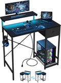 X-cosrack 33.5" Small Gaming Desk with LED Lights & Power Outlets, Compact Computer Desk with Monitor Stand & CPU Stand, Gamer Table with Storage Drawer, Side Hooks for Home Office, Bedroom, Black