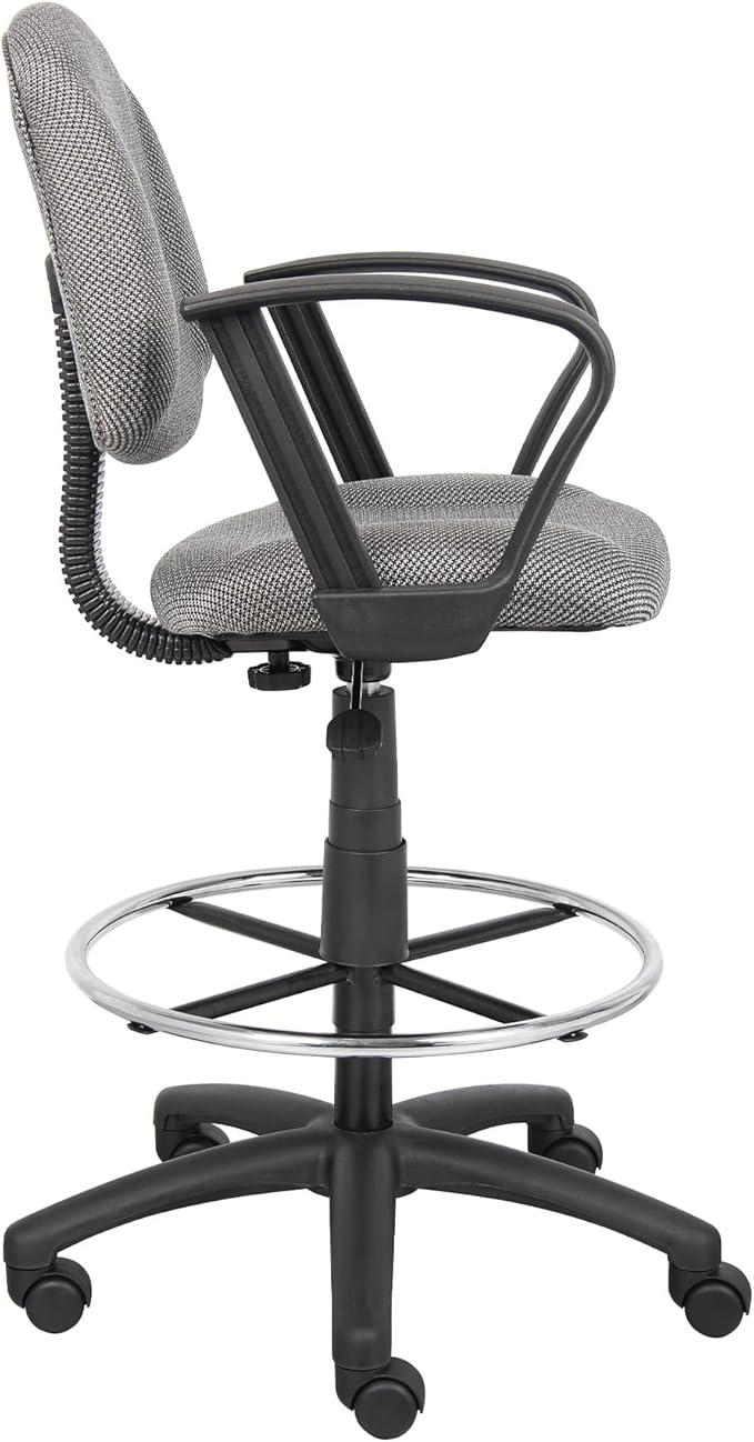 Benzara Jea Drafting Stool Chair, Loop Arms, Gray Tweed, Round Footring